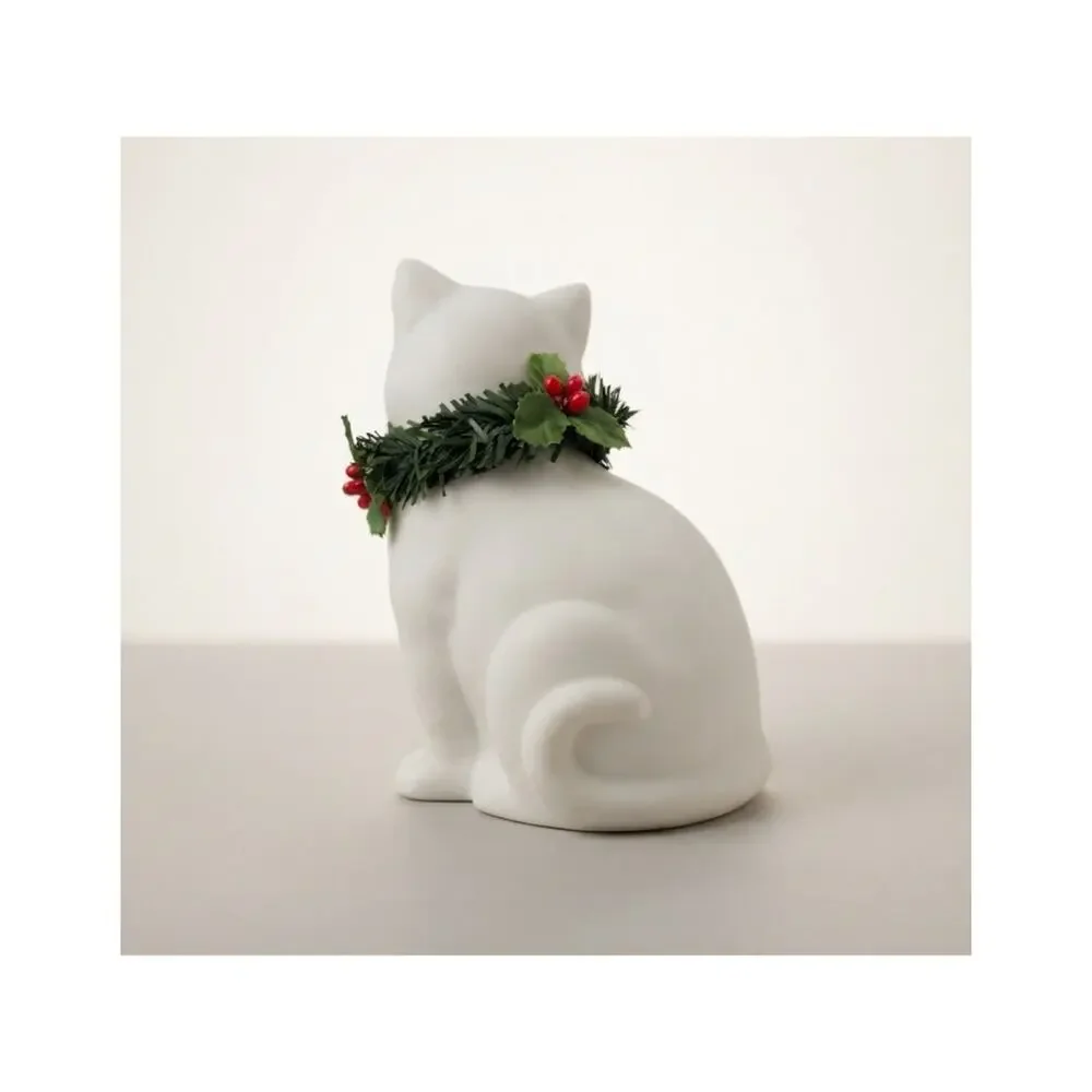 Vintage Ceramic White Cat Figurine, Christmas Holiday Decor with Holly Wreath